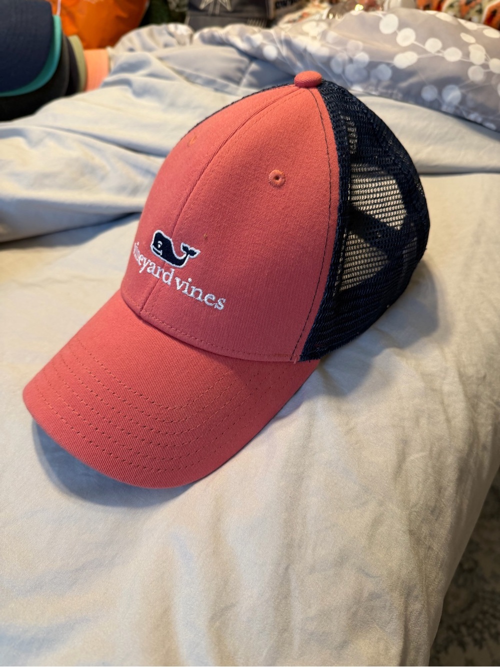 Vineyard Vines adult Coral Pink Front with Navy Mesh Trucker Hat